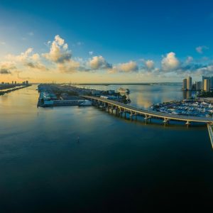 Wide-angle shot of a seaside city