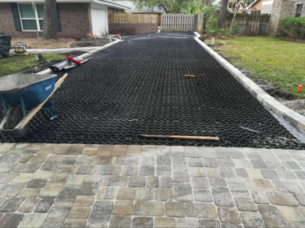 Permeable paving installation on a driveway