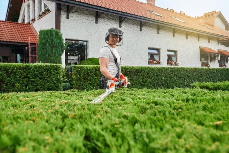 an image of someone cutting native plants in a house's backyard