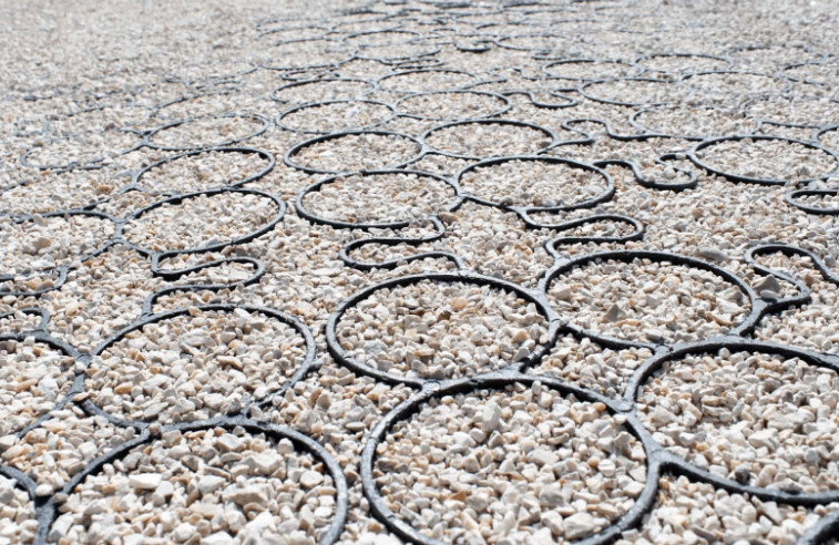  A close up image of grid-filled gravel cells. 