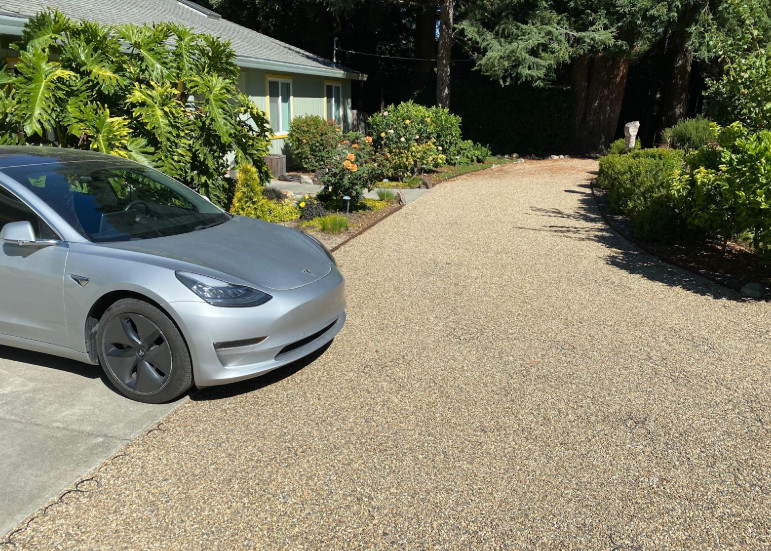Driveway installation with permeable pavers.