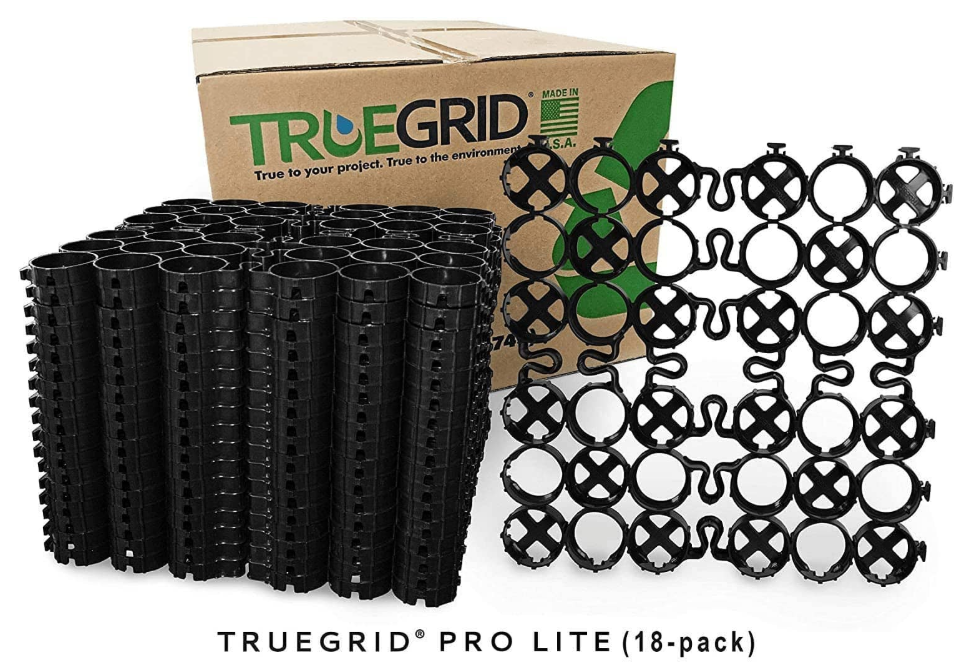 TRUEGRID PRO LITE black plastic grid system for permeable driveways and parking areas, shown with packaging box.