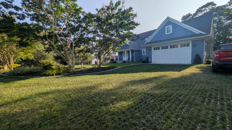 Driveway with permeable plastic pavers covered by grass for eco-friendly water drainage.