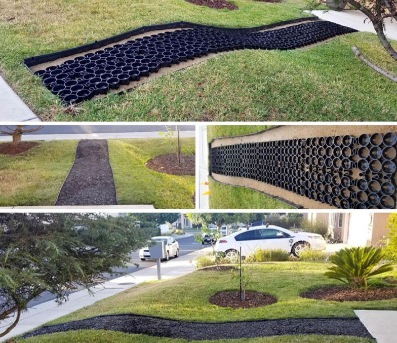Modern home walkway with flexible gravel grid paver showcasing front yard paver walkway ideas -installation and completed area.