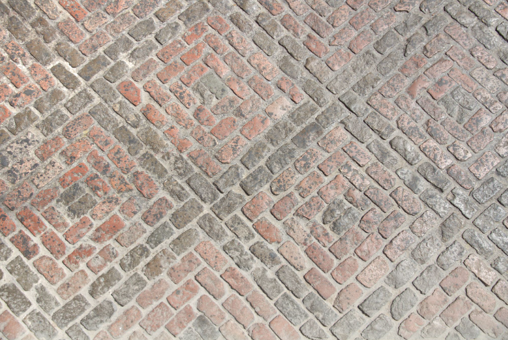 Brick driveway with a herringbone pattern made from weathered red and gray bricks.