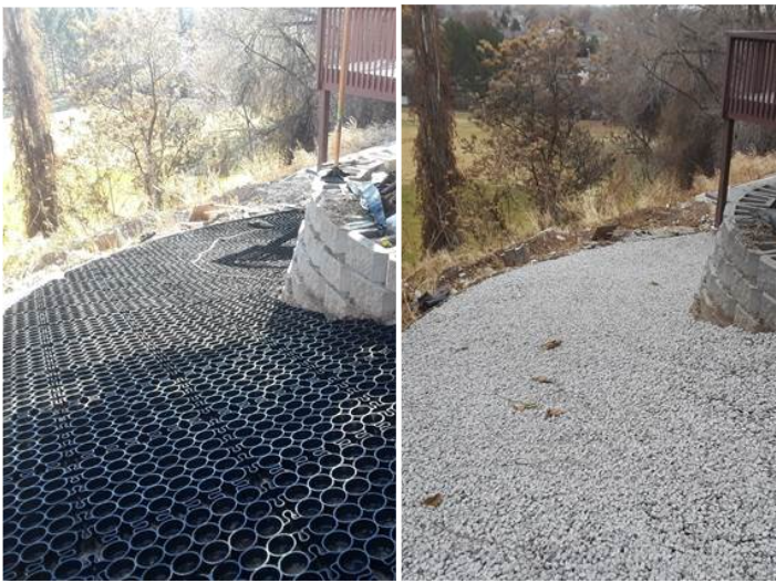 A driveway permeable grid system holds gravel in place on a slope.