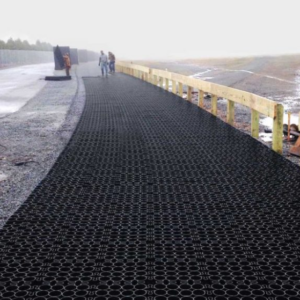 Permeable paver system installed along a roadway for stormwater drainage and erosion control.