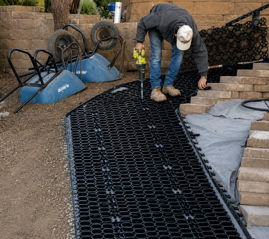 Worker installing a permeable paver grid system along a curved walkway.
