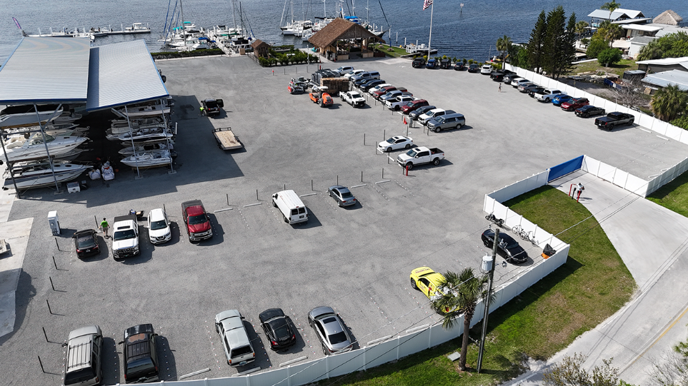 Marina, parking, and boat storage surface on a gravel infill permeable grid paver.