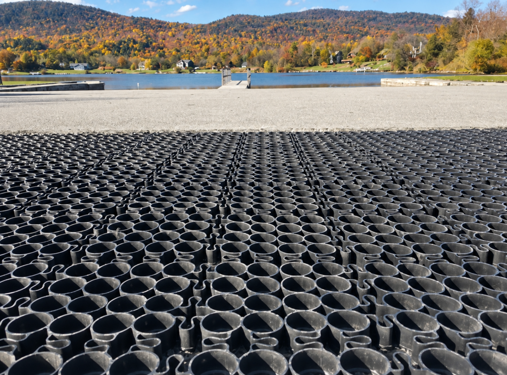 Installation of permeable pavement grid panels for a boat launch at a lake.